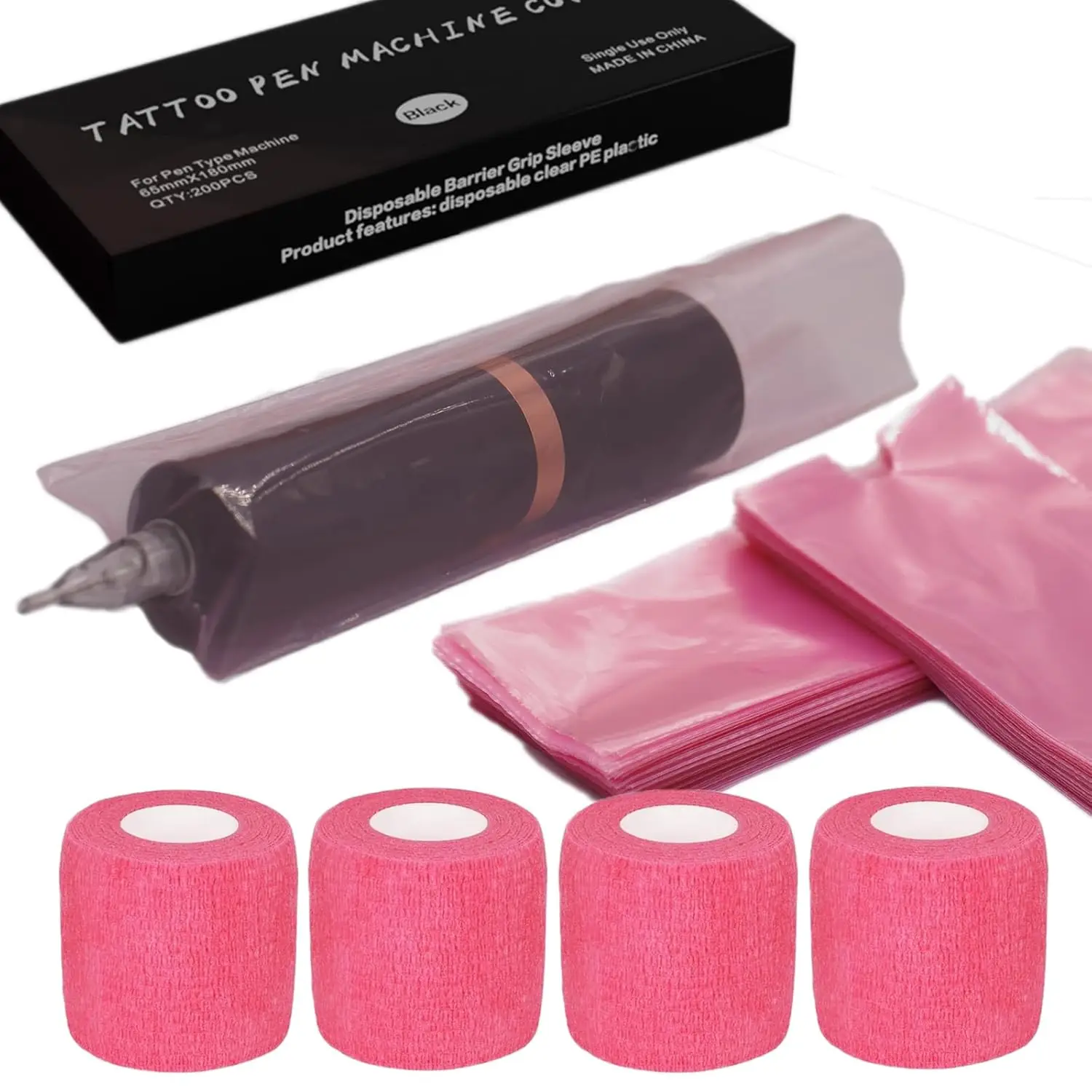 

200 Pink Tattoo Pen Covers with 4 Grip Tapes for Large Tattoo Machine, Tape Wrap Supplies