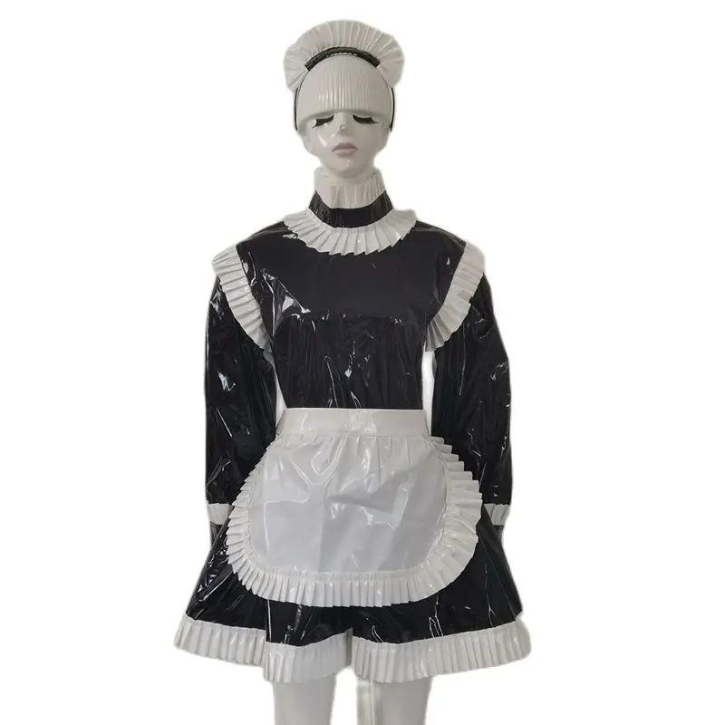 

New Hot Selling Maid Adult Sissy Cavity Lockable PVC Medium High Neck Long Sleeve Independent Apron Ruffle Clothing Customizati