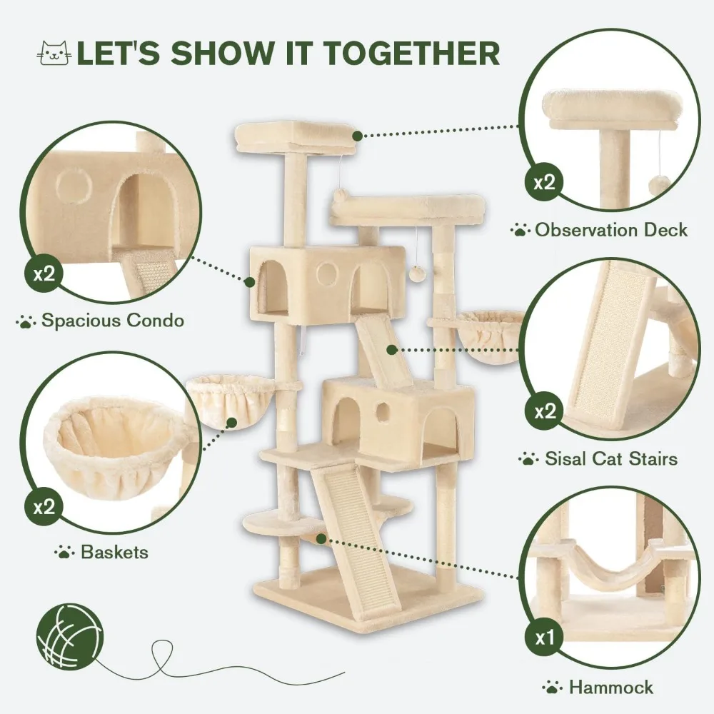 MUTICOR-torre de árbol para gatos grande de varios niveles, 66 pulgadas, para interior, grande, felino, perchas de felpa acogedoras, condominio, postes para rascar sal, hamaca