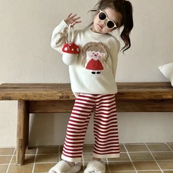 Girls' Sweater Set Autumn Winter Fashionable Children's Clothing Little Girls' Cartoon Sweater Knitwear Top +Striped Pants 2Pcs