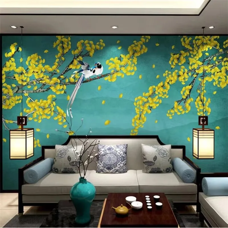 

3D Ginkgo Leaf Custom Wallpaper Hand-Painted Pen And Flower Motif New Chinese Flower And Bird Background Wall Decor Magnolia Pen