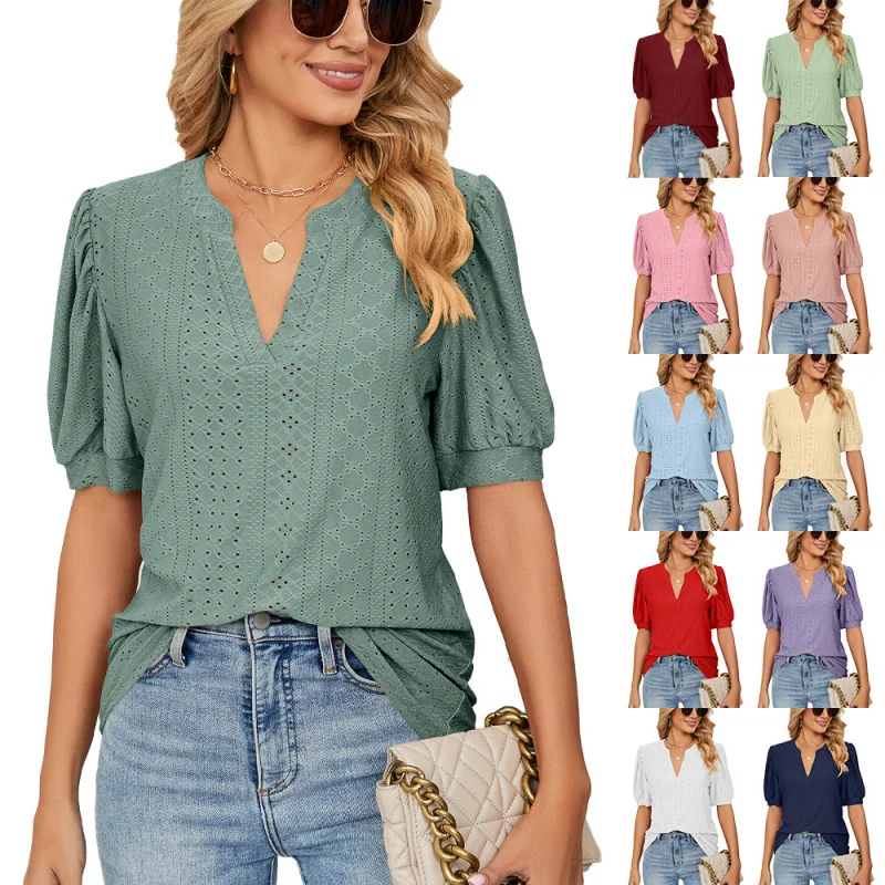 

European and American New Hot Selling2025Hot-Selling Summer CasualvSolid Color Hollow Out Puff Sleeve Loose FittWomen's-shirt