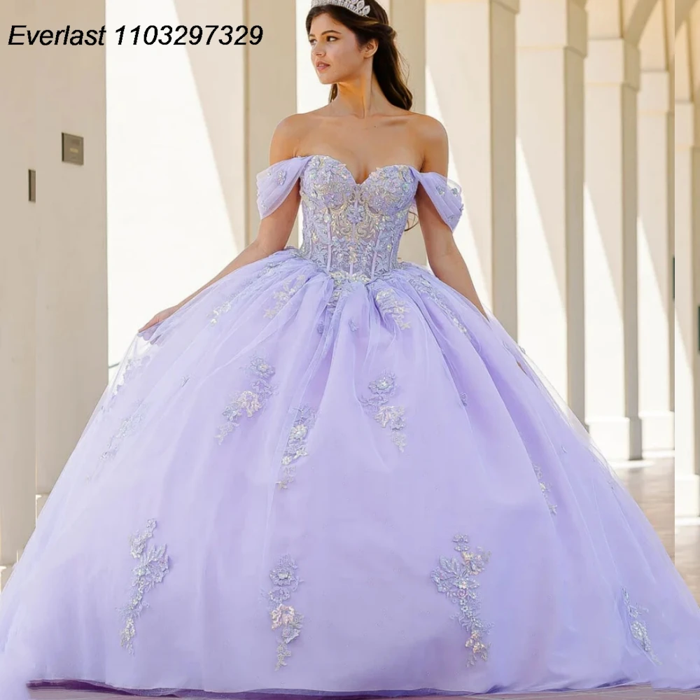 

EVLAST Lavender Lilac Quinceanera Dress Ball Gown Lace Applique Beading Mexican Corset Sweet 16 Vestidos De XV 15 Anos TQD645