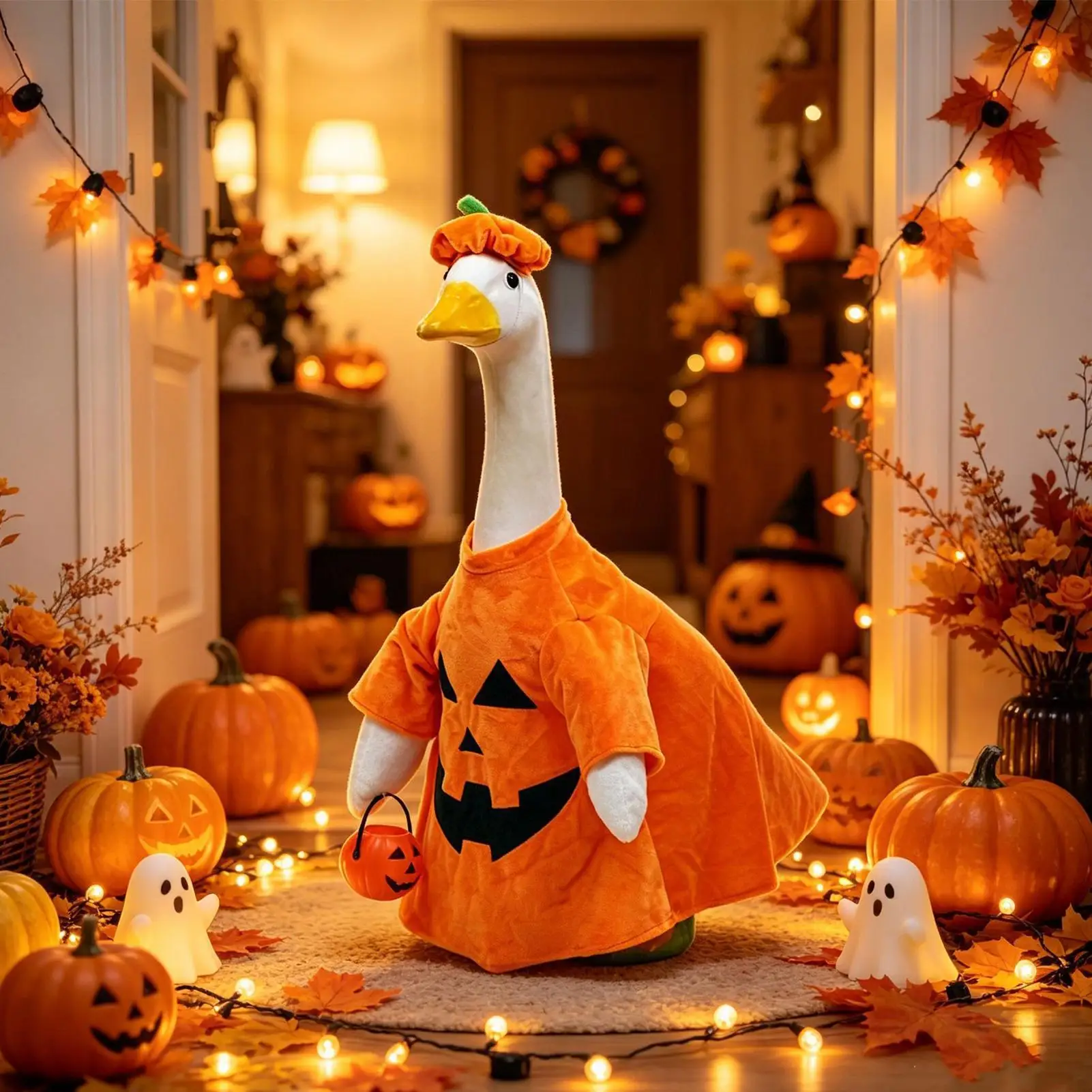 Porch Goose Outfits Pumpkin Halloween Adjustable Decorative Dress Patio Porch Gooses Statue Clothing for Party Holiday Garden