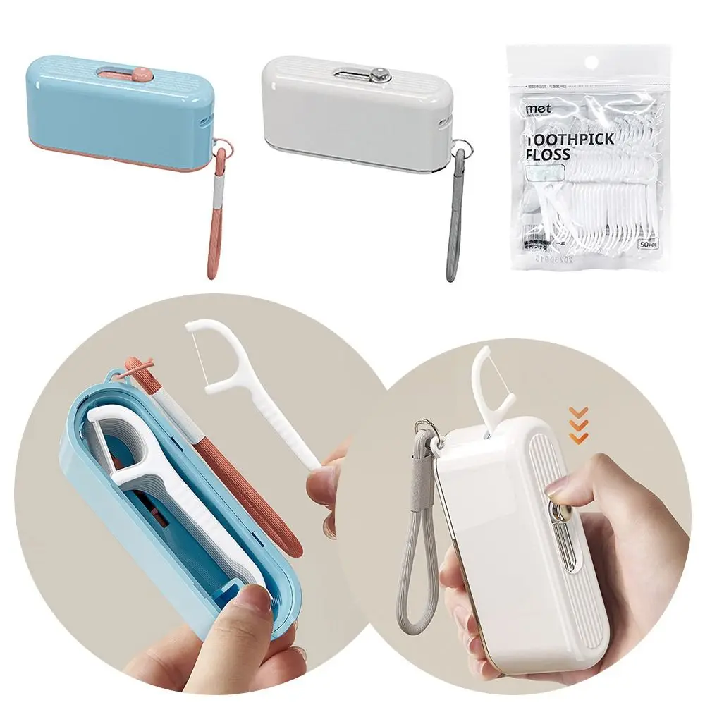 Portable Automatic Ejectable Floss Dispenser with 10Pcs Floss Press-on Floss Organiser Oral Care Disposable Flossing Sticks