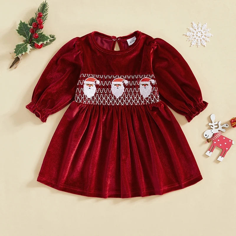 Baby Girl Christmas Dress Santa Smocked Velvet Dress Pleated A Line Puff Dress Toddler Winter Xmas Photo Shoot 6M-4Y