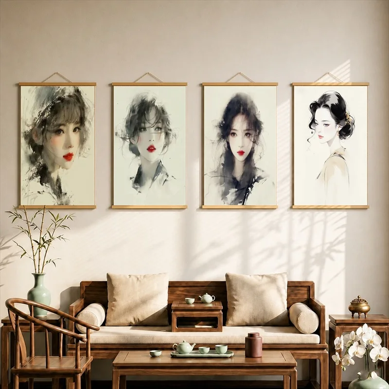 Elegant Chrysanthemum Woman Canvas Wall Art Hanging Scroll Oriental Floral Portrait with Wooden Rods for Home Decor