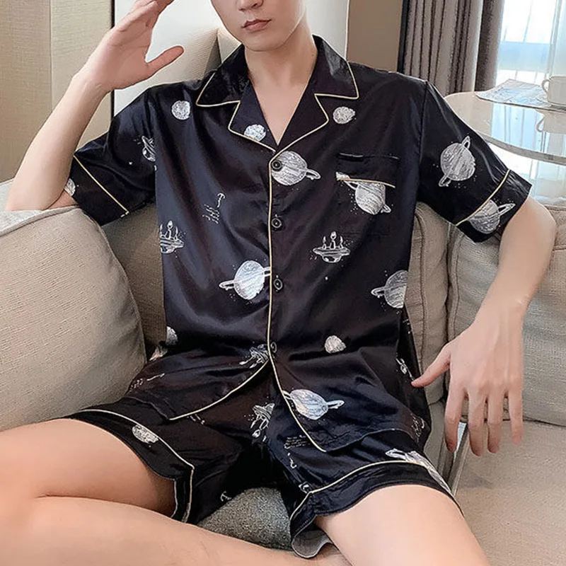 Men Pajama Sets 2023 Summer Sleepwear Ice Silk Satin Short Sleeve Pyjamas Suit Loose Loungewear Male Casual Homewear L-5XL