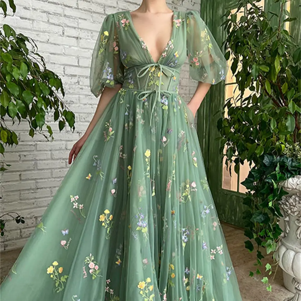 Women's Half-sleeve v-neck With Flower Tulle Bow Green Evening Dress Birthday Party Dress Bar Mitzvah Dress Formal Occasion