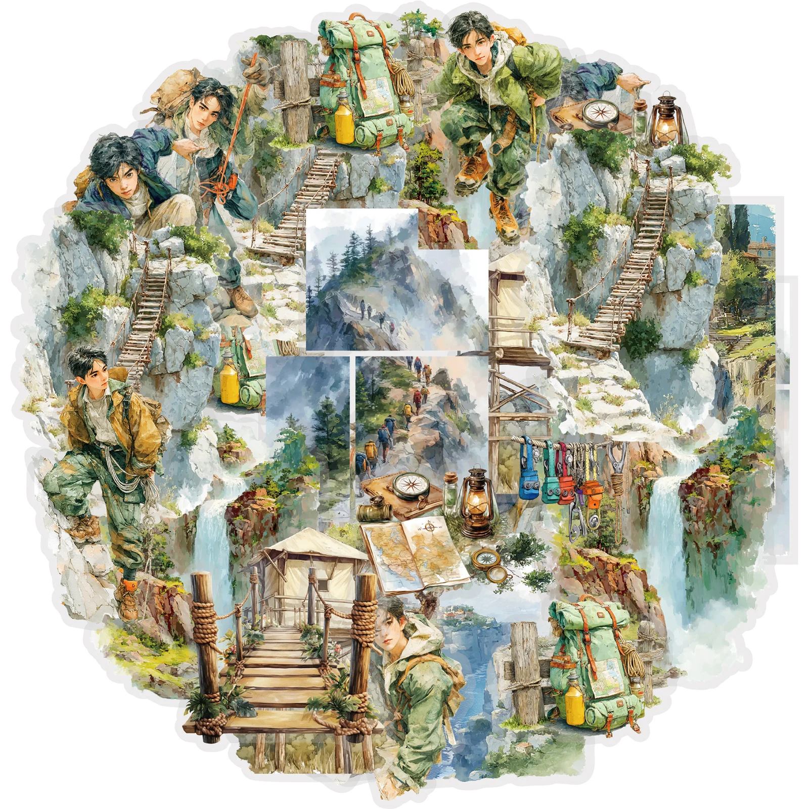 Etori Life Rock Climbing 15Pcs Vintage Cliff Adventure Hand-Drawn Stickers Mountain Climbing Character Scene Pattern Stickers for Laptop, Phone Case, Suitcase, Room Decoration, Handmade Scrapbooking Supplies, DIY Crafts, Student Gift Paper Bags, Card Making, School Supplies, Toy Stickers