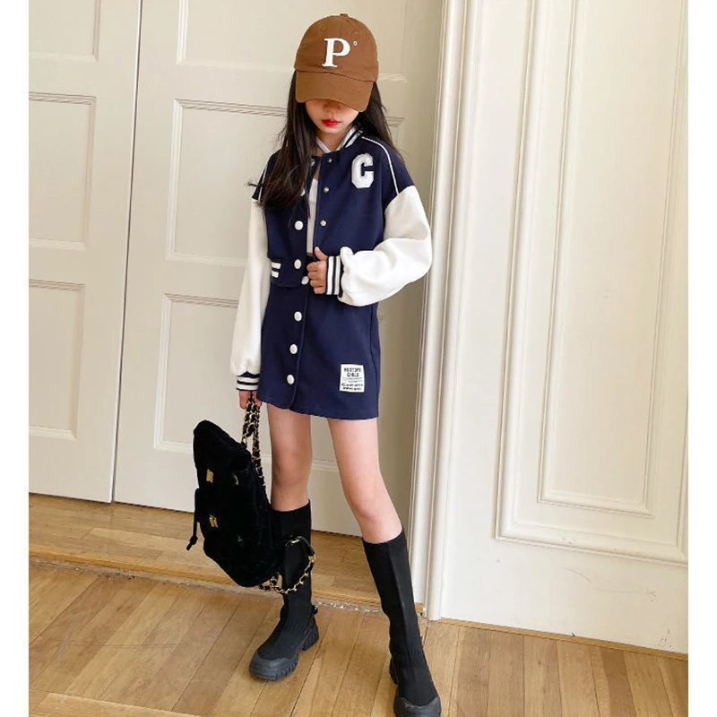 Teens Girls Clothing Sets Autumn Sports Suit Kids Long Sleeved Baseball Jacket Short Skirt 2Pcs Korean Version Girls Tracksuit