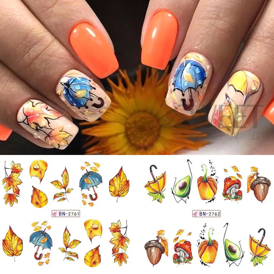 Autocollants pour les ongles, feuilles d'érable d'automne, motif dessin animé, Aliments, décalcomanies, transfert à l'eau, vernis gel, feuilles de manucure DIY, 12 pièces
