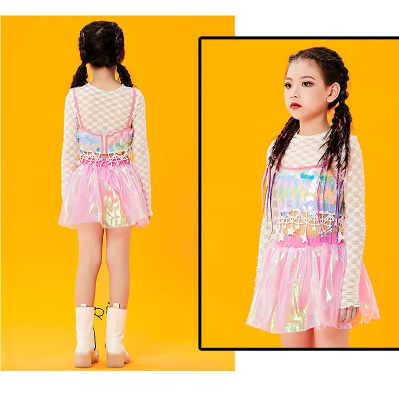 LOLANTA Kids Summer Dance Clothes Sequins Net Top Skirt/Pants Set Girls Hip Hop Modern Jazz Streetwear Stage Performance Costume