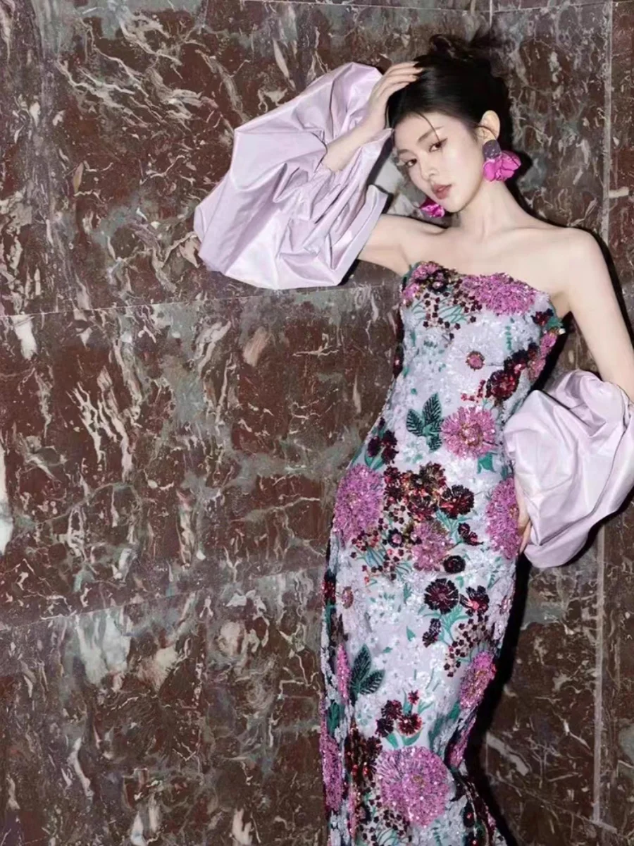 보라색 꽃무늬 자수 인어 드레스 웨딩 드레스 모닝 로브 브라이덜 샤워 의식 이브닝 드레스 패셔너블한 스트랩리스 스타일
