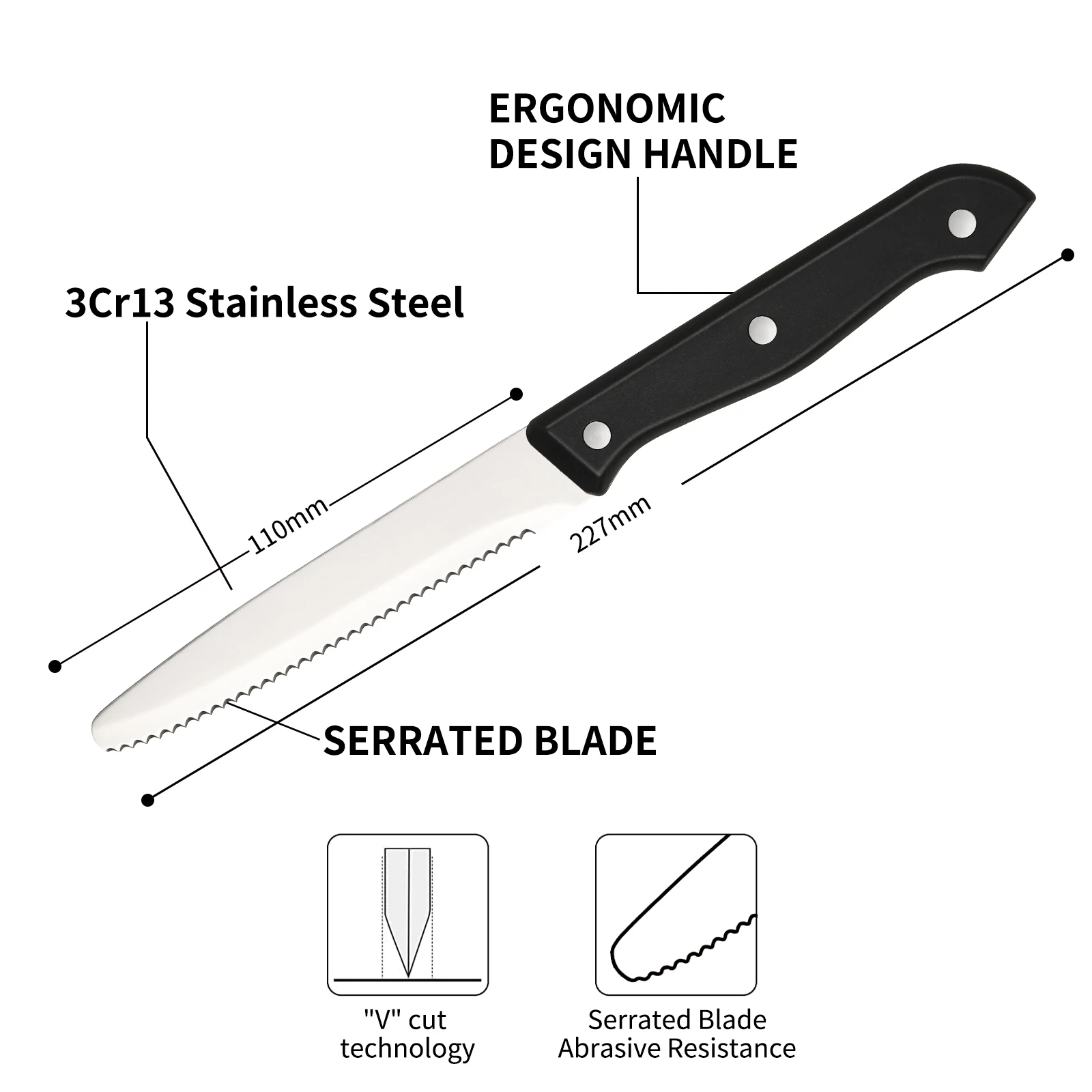 Katisun 12 Pcs 4.5 Inch Round Tip Serrated Steak Knife Set POM Triple Rivet Handle Dishwasher Safe Home Restaurant - view 3