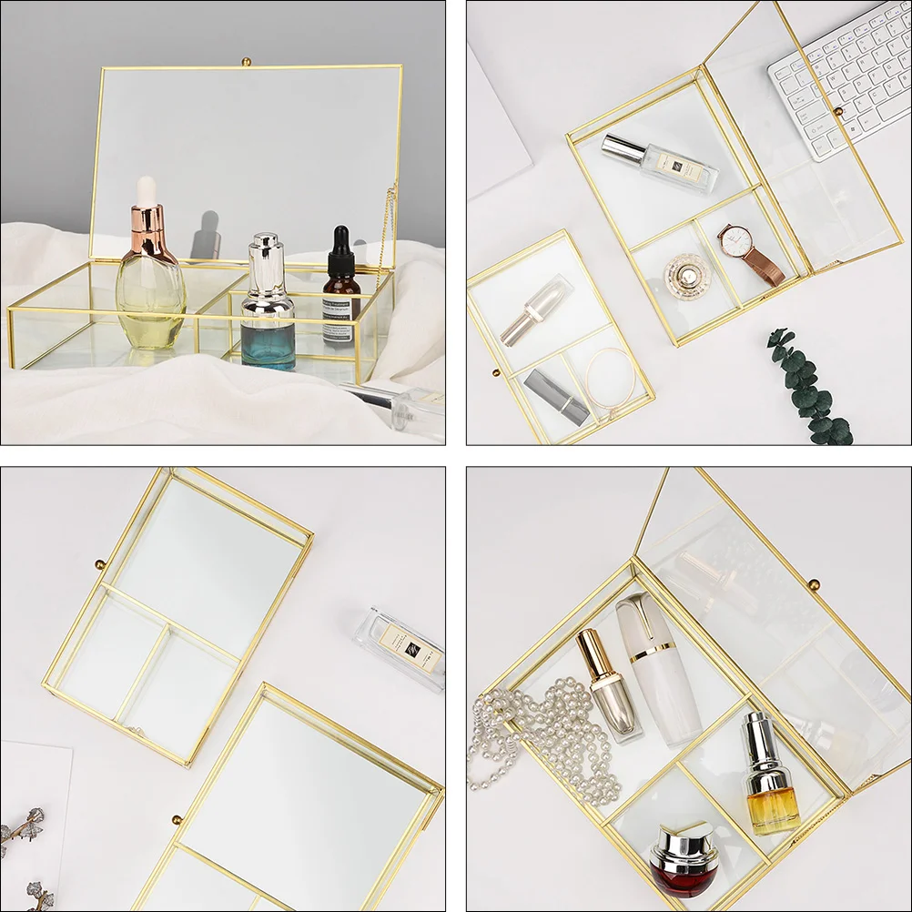 Desktop Storage Box Dresser Jewelry Boxes Case Shelf Glass Brass Holder Container