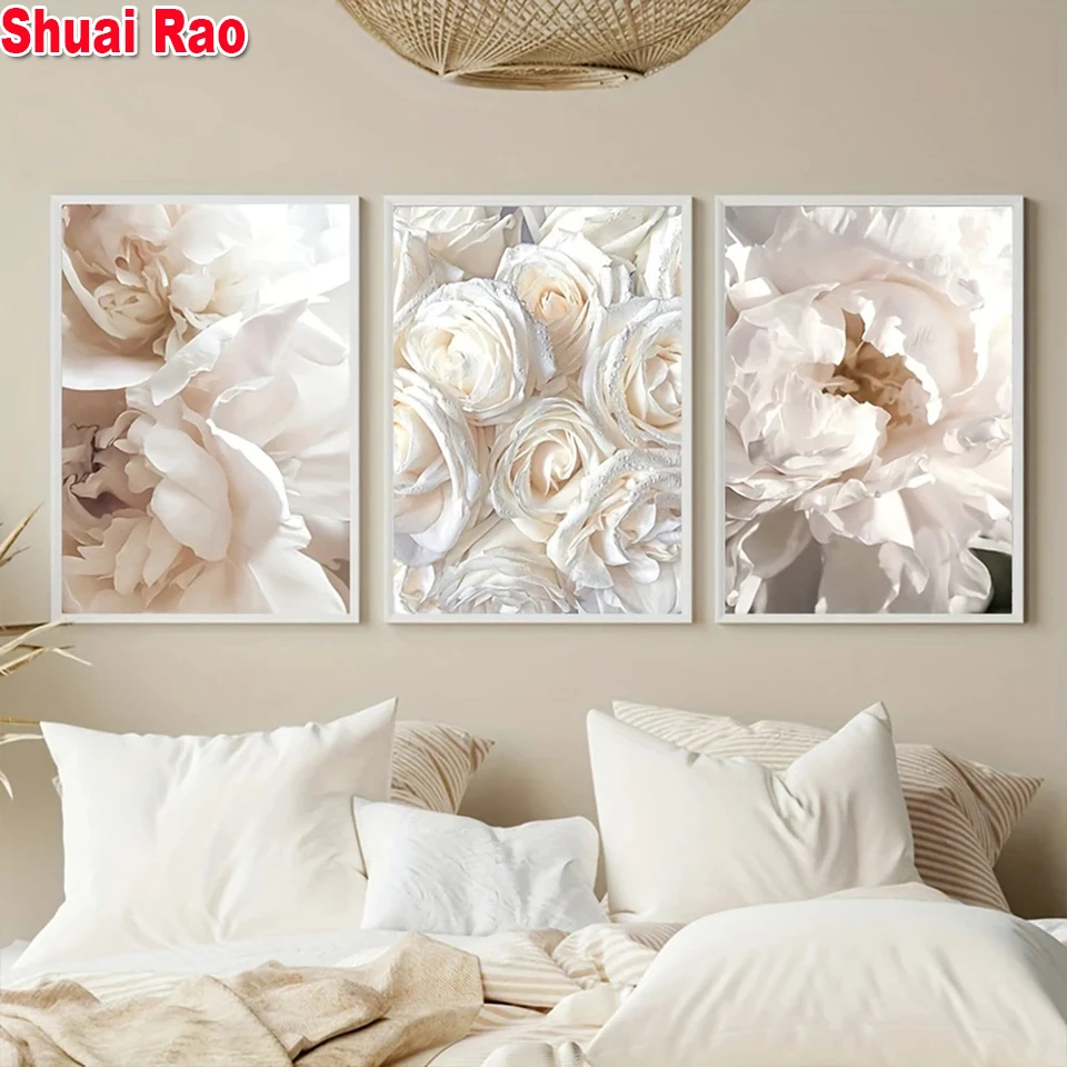 3 Piece Set Diamond Mosaic White Rose Floral Botanical Paintings Diy Full Rhinestone Embroidery Sale Triptych Kits