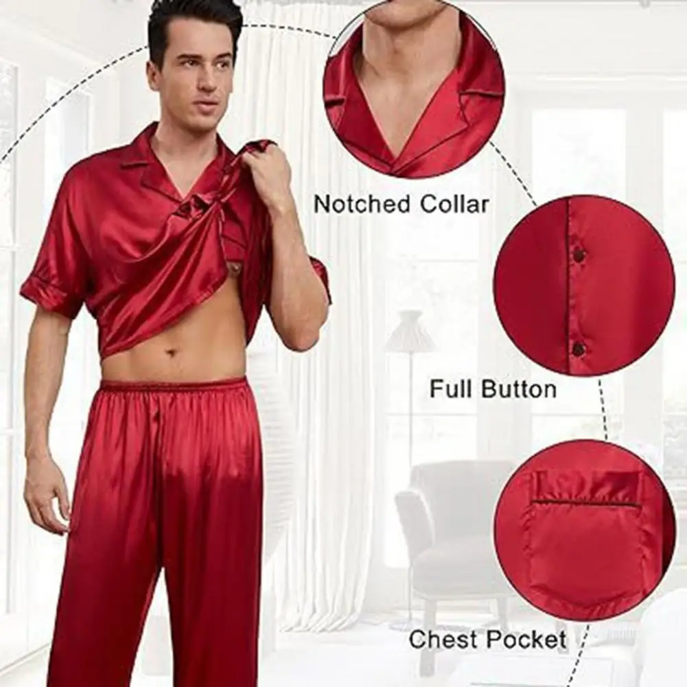 Matching Style Sleepwear Luxurious Silk Satin Pajama Sets for Men Women Notch Collar Button Down Top with Chest Pocket Elastic