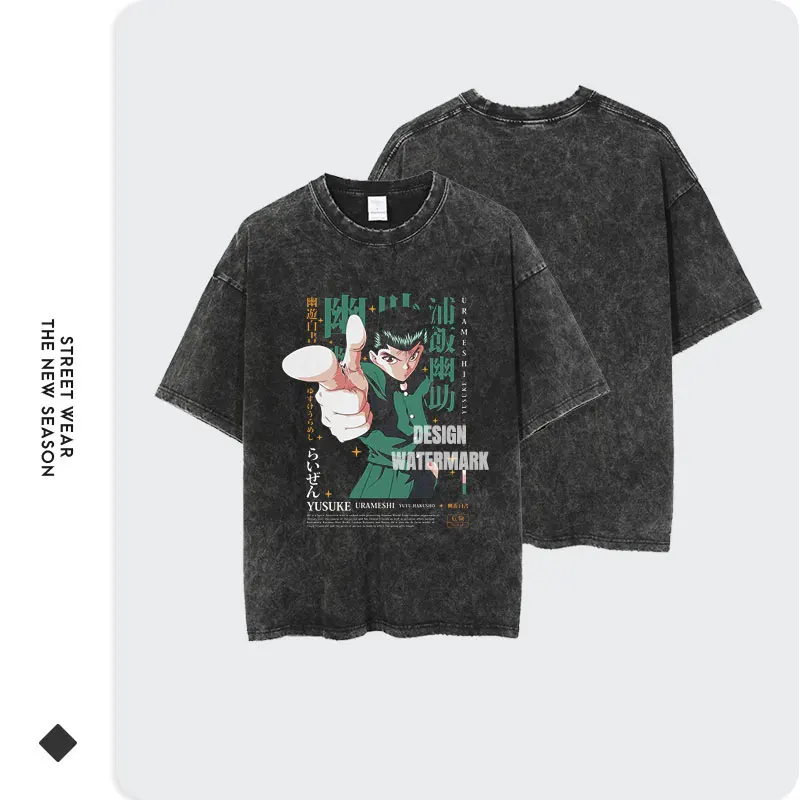 تي شيرت أنيمي يو يو هاكوشو تي شيرت عتيق مغسول يو يو هاكوشو تي شيرت كبير الحجم بأكمام قصيرة Yuusuke Hiei Kurama Kazuma تي شيرت رجل