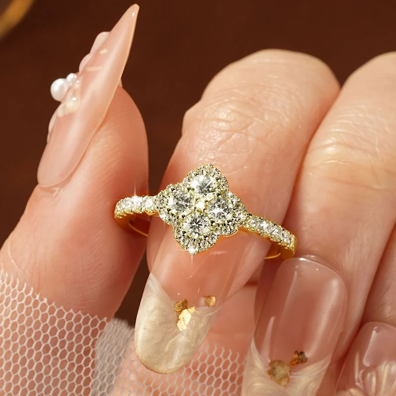 Rrjzz Vierblättriger Blumenring mit D-Farbe Moissanit, GRA-Zertifizierter Labor-Diamant-Ersatz, Kleeblatt-Ringe für Damen, Schmuckgeschenke – Detail 11