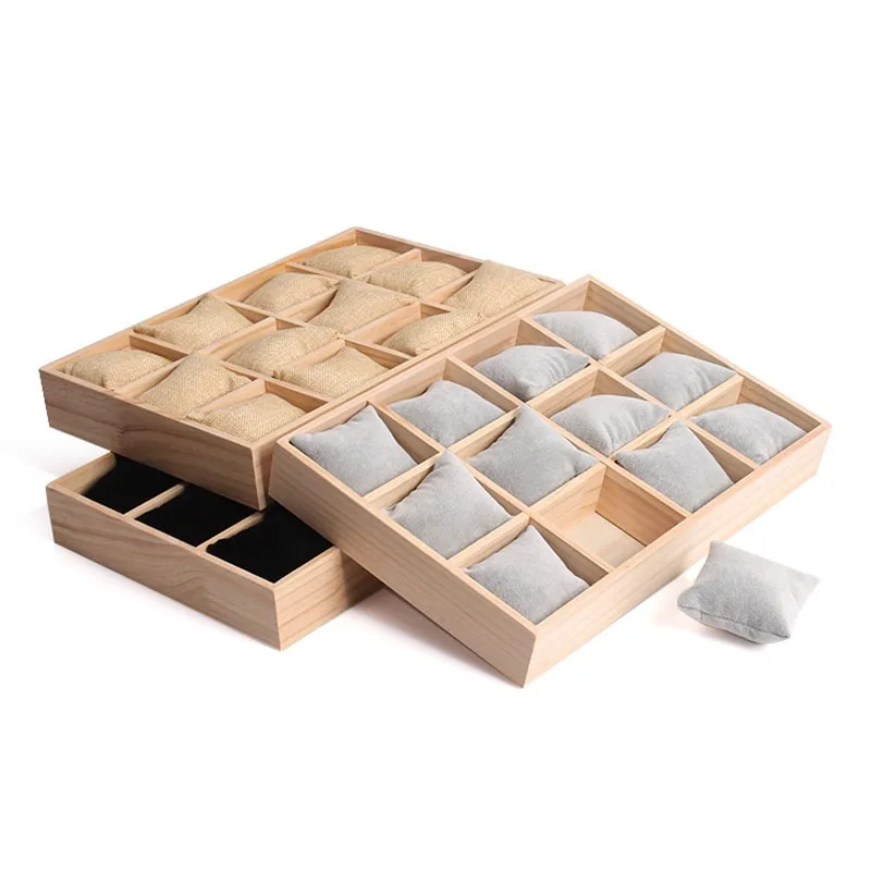Wood Jewelry Storage Tray 12 Girds Watch Pillow Plate Necklaces Bracelet Bangle Watches Display Holder