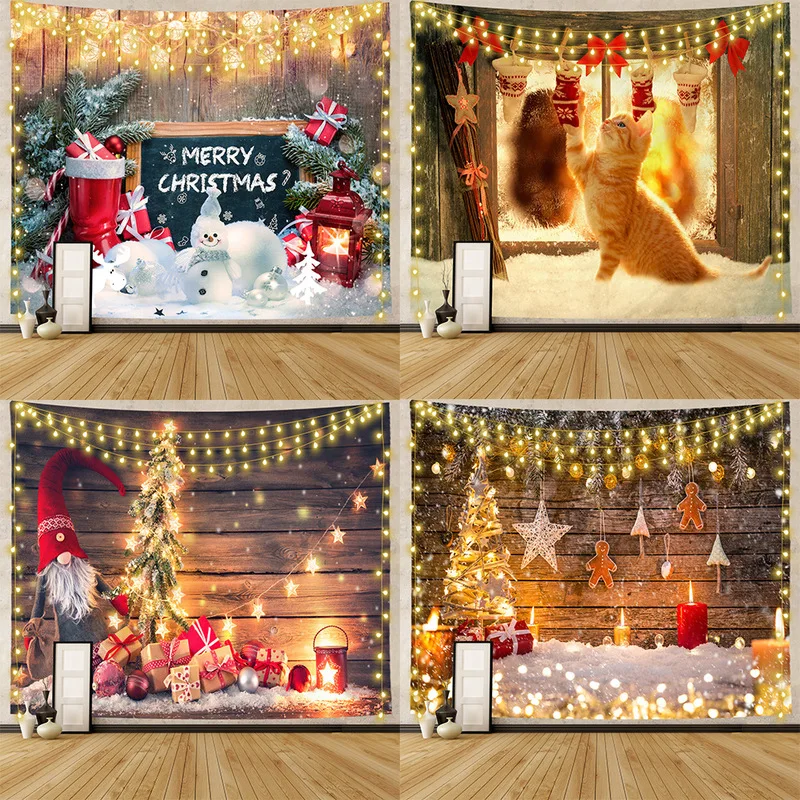 VIKAMA Warm Christmas Wall Tapestry Plaid Heart Stocking Candle Scene Wall Hanging Backdrop for Holiday Bedroom Decoration