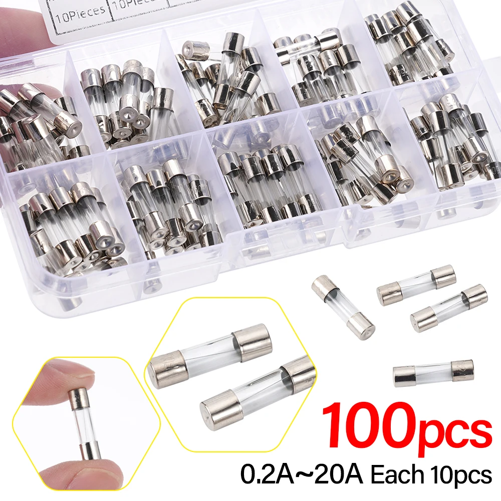 100pcs 5x20mm Glass Fuse Kit 0.2A-20A Fast Acting for Circuit Board Car Audio Home Appliance Repair protection component