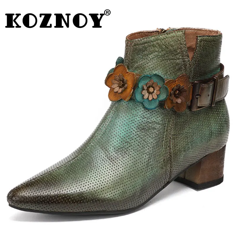 

Koznoy 4cm Cow Leather Autumn Spring Ankle Boots Shoes for Women Designer Luxury Handmade Appliques Flower Embossed Breathable