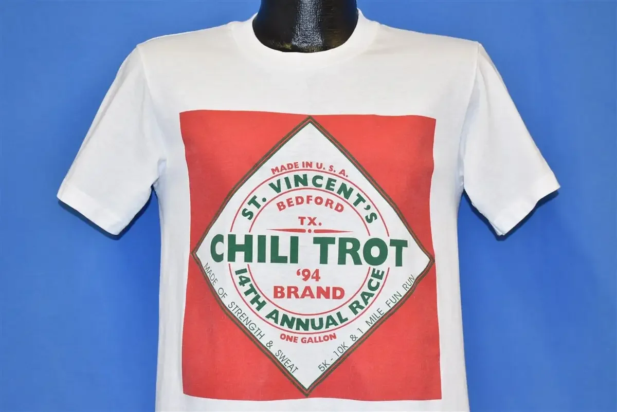 80S St. Vincent Chili Trot 5K Run 14Th Annual Race Bedford Texas Spoof Tabasco T-Shirt Small