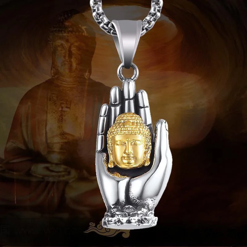 Palm Buddha Titanium Steel Necklace Personality Vairocana Buddha Pendant All-Match Trendy Men's National Style Sweater Chain Acc