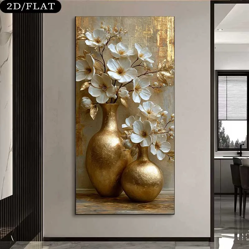 

2D Flat Large Elegant Golden Vase with White Flower Canvas Wall Art, Frameless Modern Canvas Prints for Living Rooms Decortions