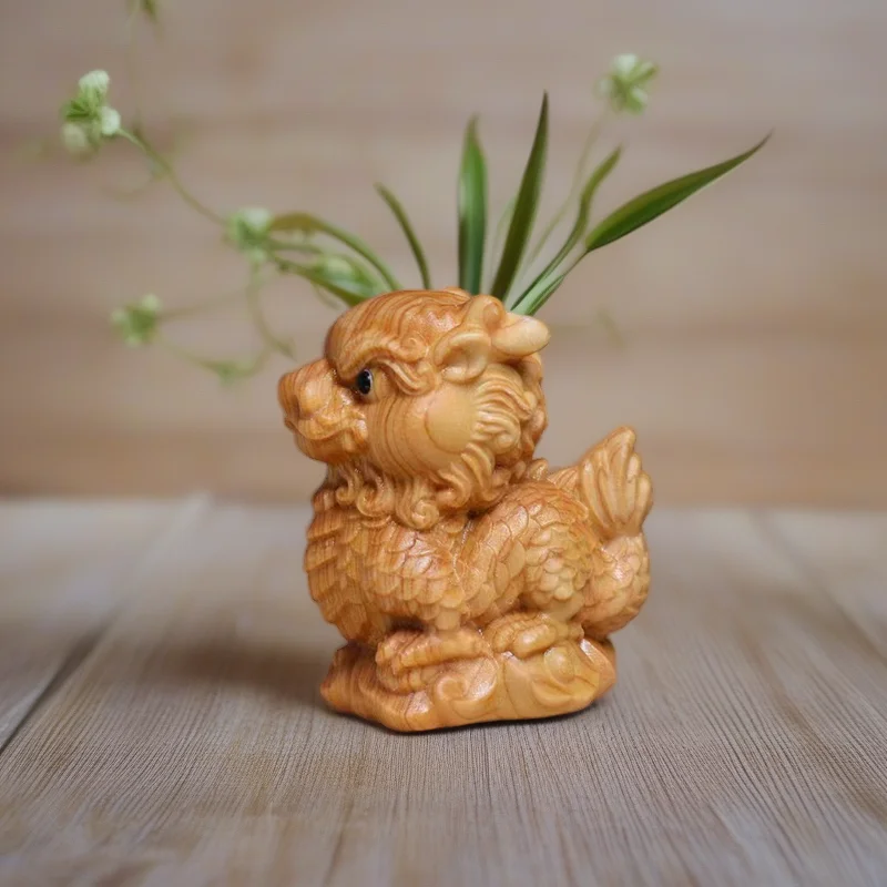 Natural Cypress Kirin mascot Mini Statues Chinese mythical beasts cute Home, Room, Office, Flower Pot Decoration Accessories