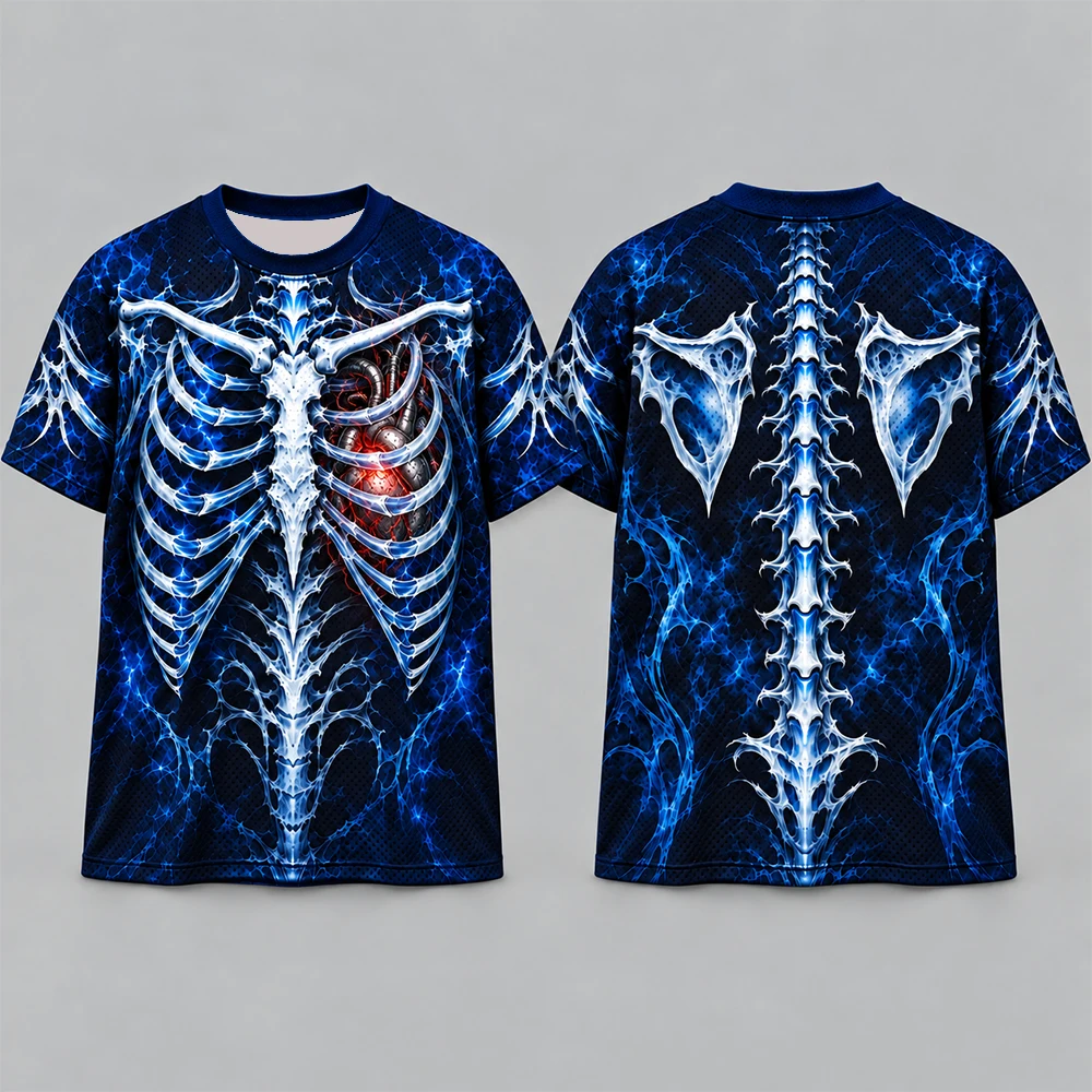 Blue  Skeleton 3D Print T-shirt Men Front Back Full Print Ribcage Heart Graphic Tee Gothic Punk Short Sleeve Halloween Costume