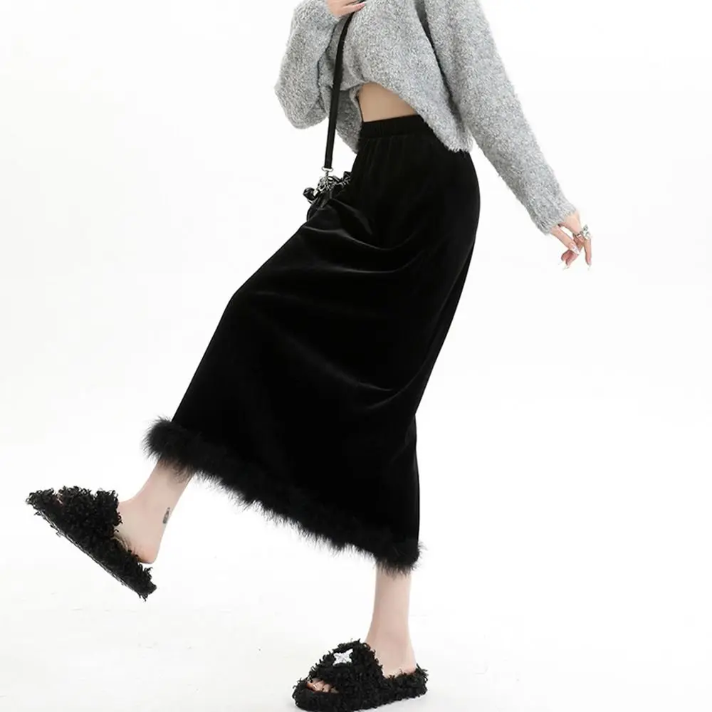 Sweet Hip Wrap Skirt Black Velvet Feather Skirt Underskirt Fishtail Skirt Long Half Skirt High Waist Modern Style Outfits Dance