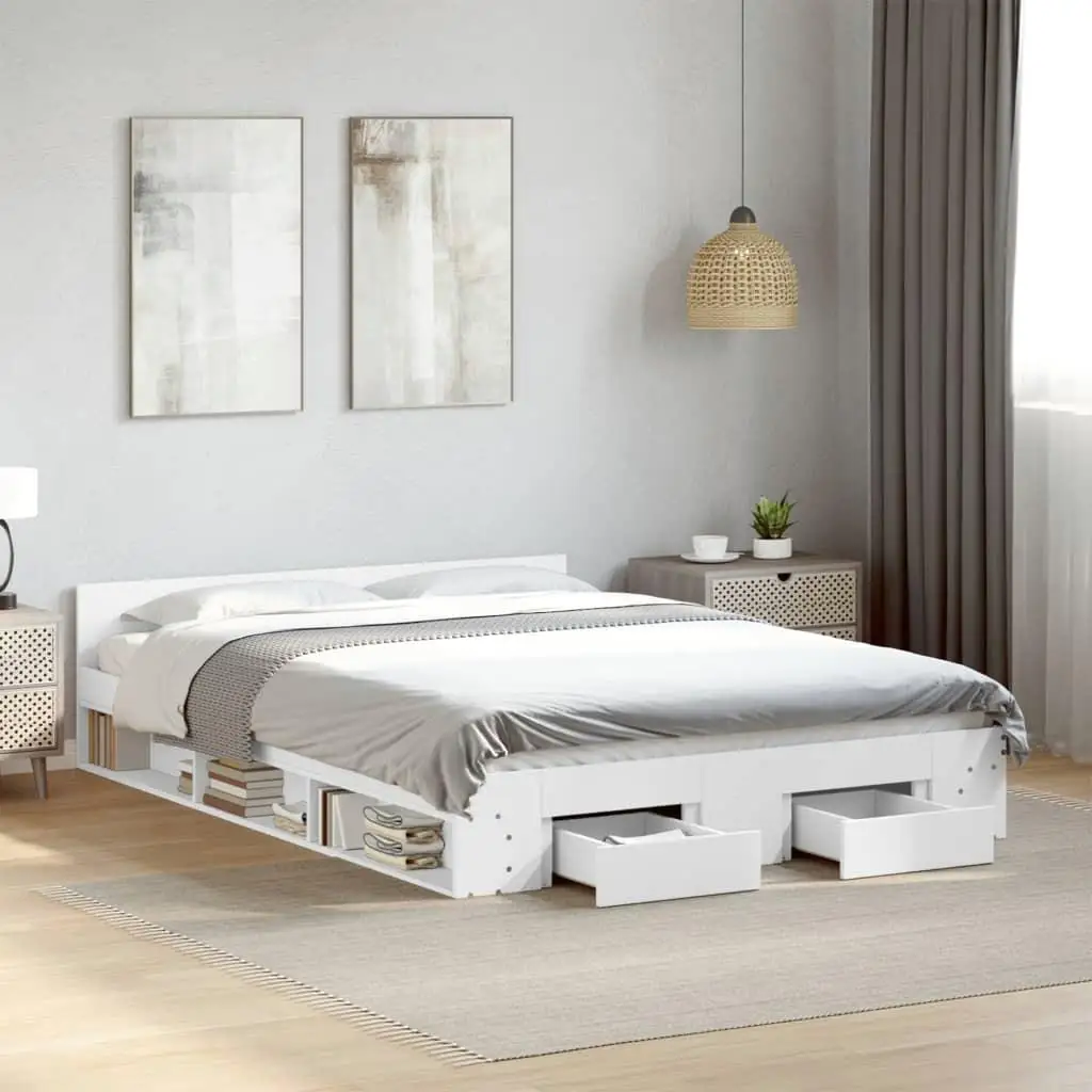 140x200 cm White Bed Frame with Storage Drawers - Mattress Not Included