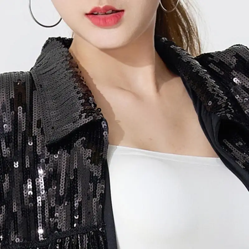 652F Women's Sparkly Sequins Fringe Long Sleeve Short Jackets with Tassels Open Front Outerwear for Disco Night Cowgirl Top