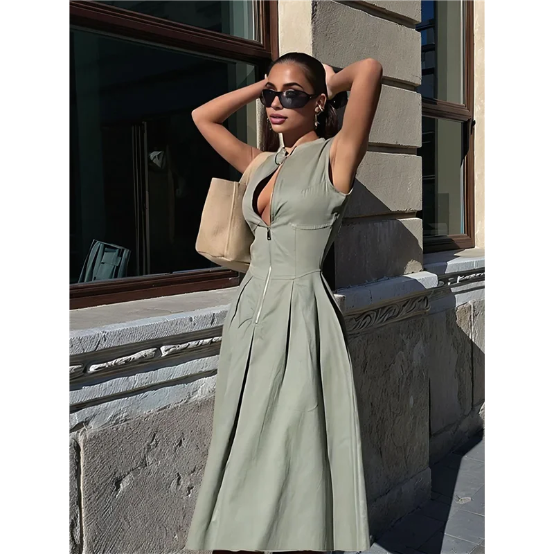 【SEE】 Abito longuette casual estivo diviso da donna con scollo a V profondo e maniche ad aletta con cerniera e vita elastica con tasche