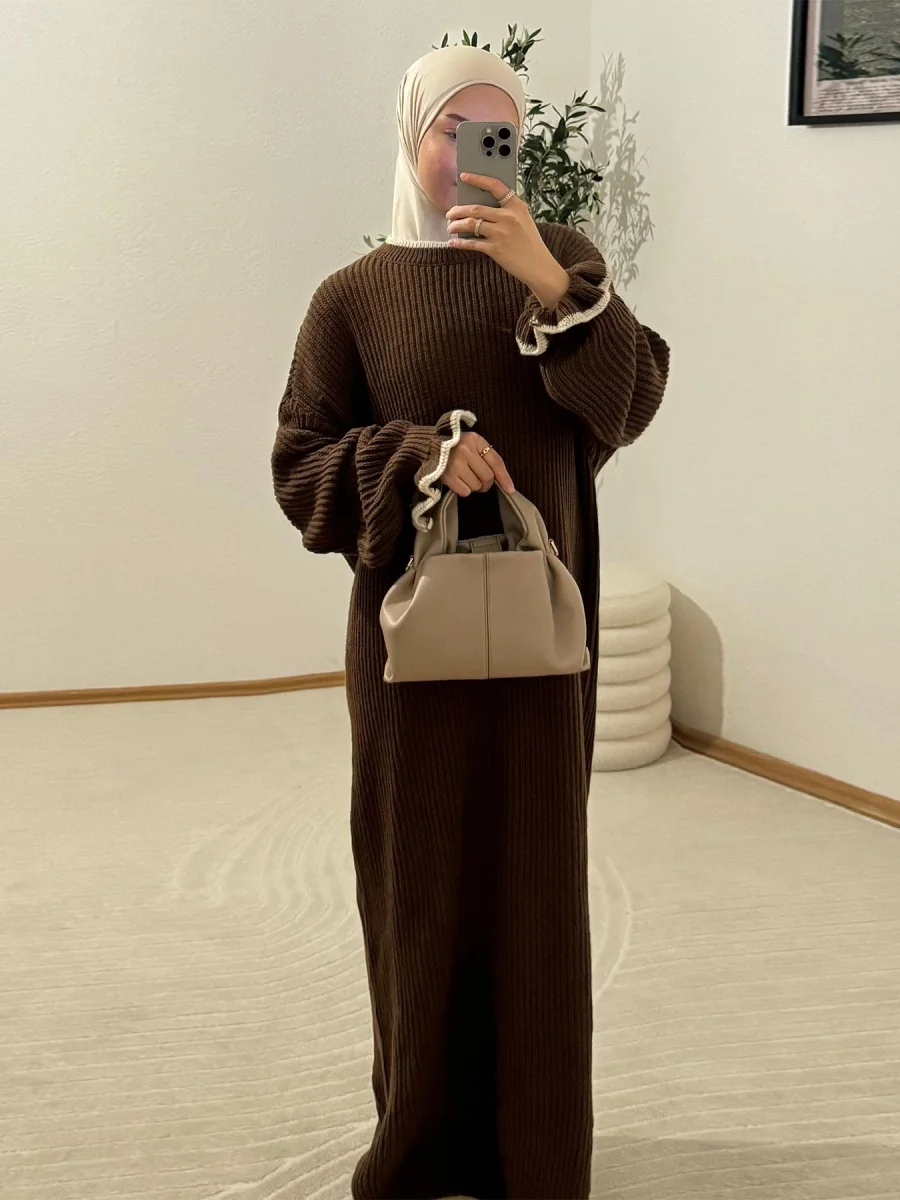 Muslim Women Winter Dubai Abaya Floral Sleeve Long Dress knitted sweater Solid Modest Ramadan Kaftan Robe Femme Islamic Clothing