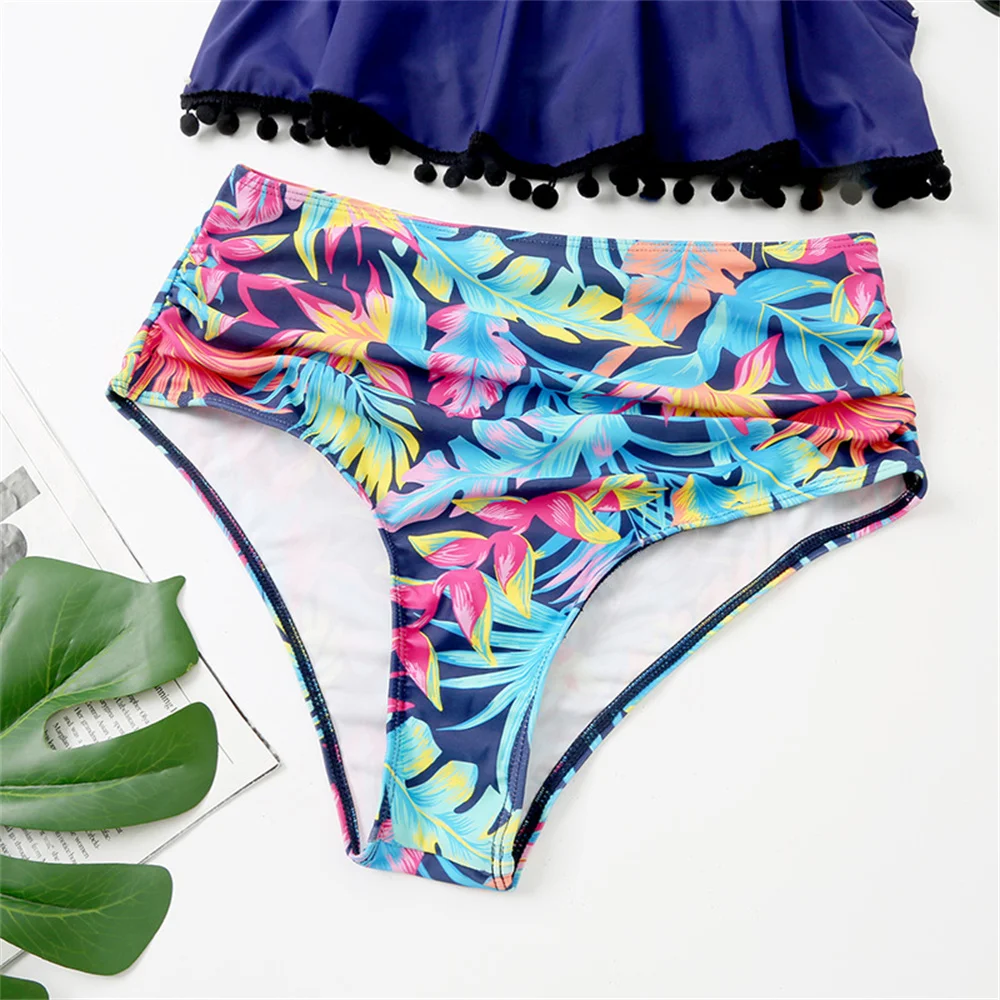 Bikini con estampado Vintage para Mujer, traje de baño de cintura alta con volantes, Tankini con tirantes, trajes de playa florales, traje de baño, Traje Bano para Mujer