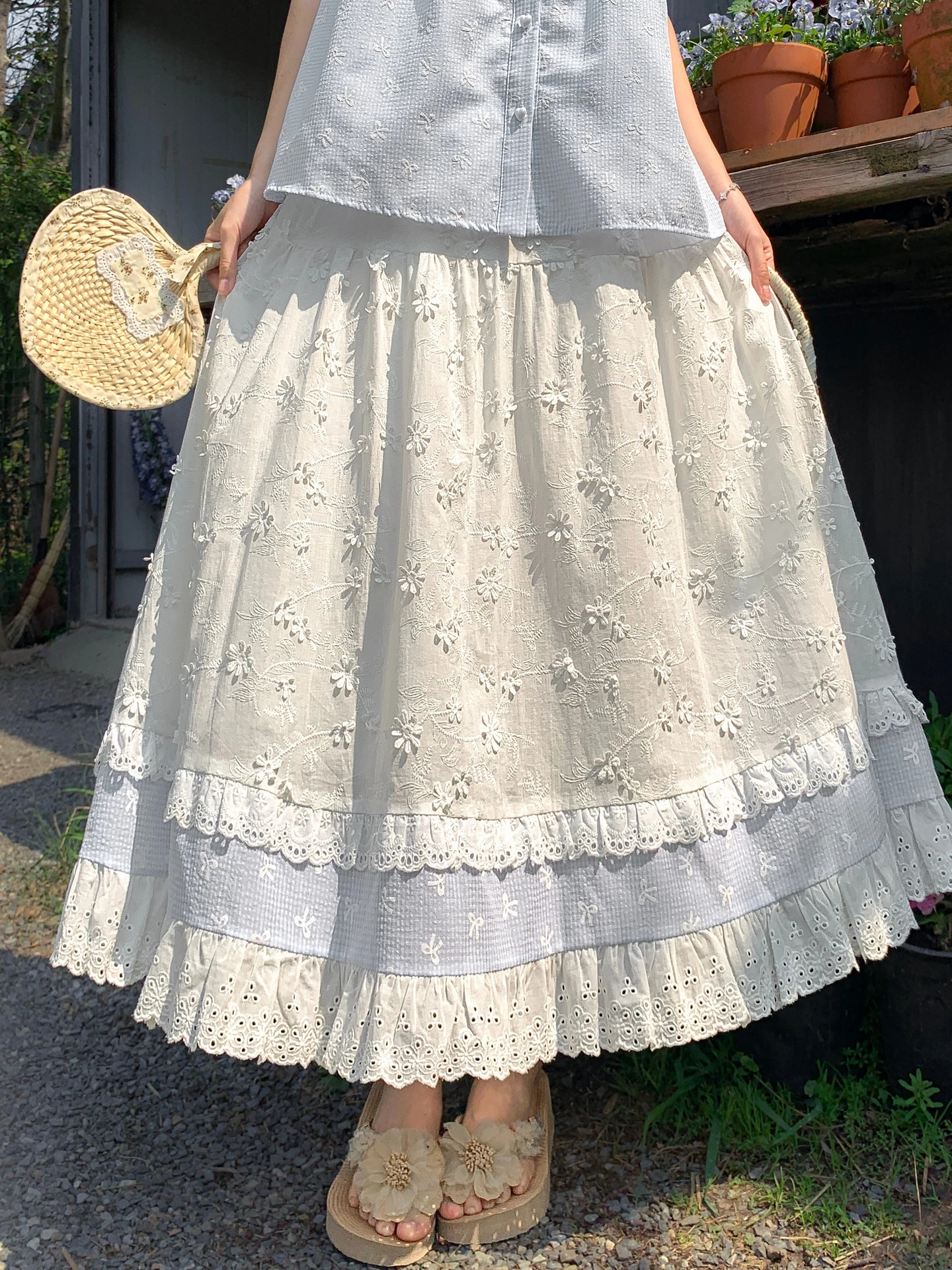 High Waist A-Line  Skirt Embroidered Pure Cotton Midi Skirt Elastic Waist Long Dress for Women Sweet Style Casual Wear