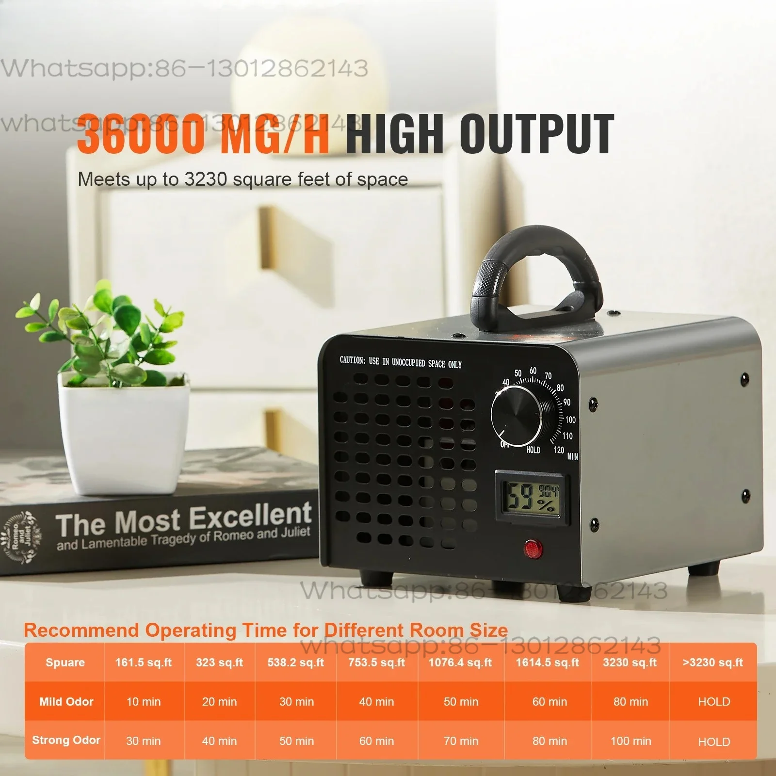 Ozone generator 12000/2400/36000mg/h ozone machine deodorizer, 0-120 minute time setting, suitable for guest rooms, cars, pets