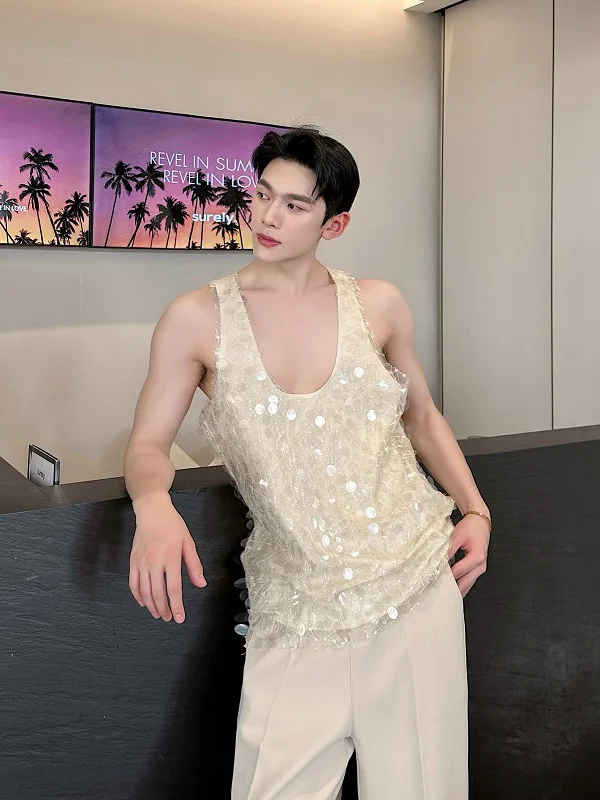 

Мужская свободная майка с вышивкой пайетками, двухслойная, модная, с V-образным вырезом, молодежная, повседневная