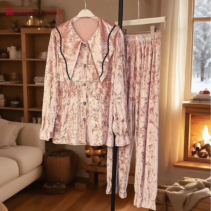 2025 Autumn Winter Velvet Luxury High-End Long-Sleeve Pajamas 2piece Set Women Long Sleeve Pants Thick Warm Nightgown Sleepwear