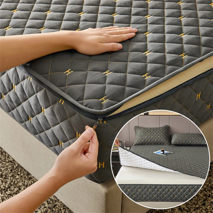 

Наматрасник из хлопка на 6 сторон с молнией, полностью закрывающий матрас, с вышивкой, утолщенный, стеганый, защитный чехол для матраса