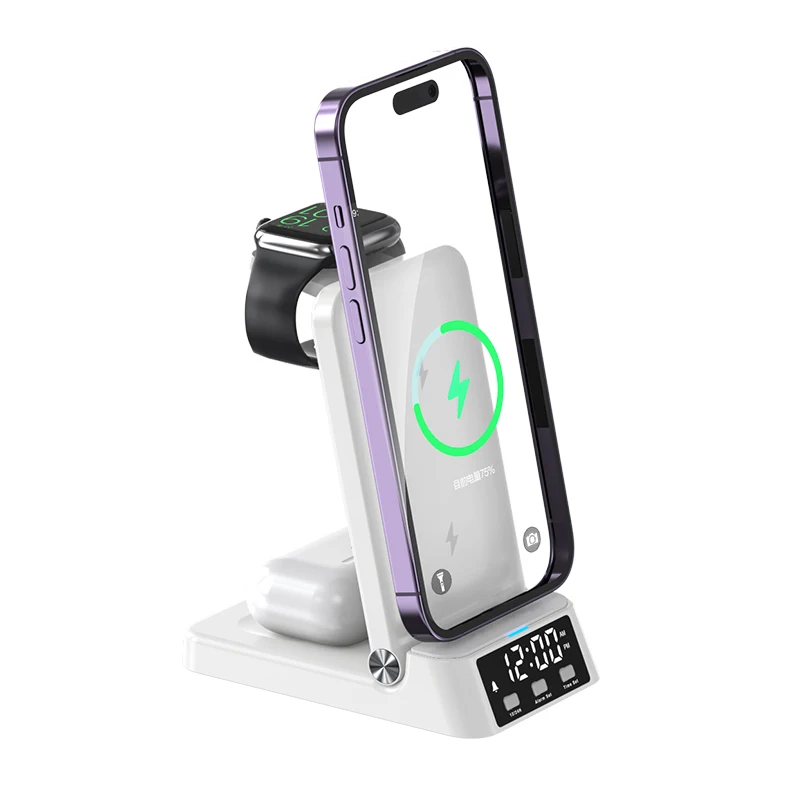 

Wireless Charging Station Alarm Clock Folding Wireless Charger 3 in One 15W Fast Wireless Charger Stand