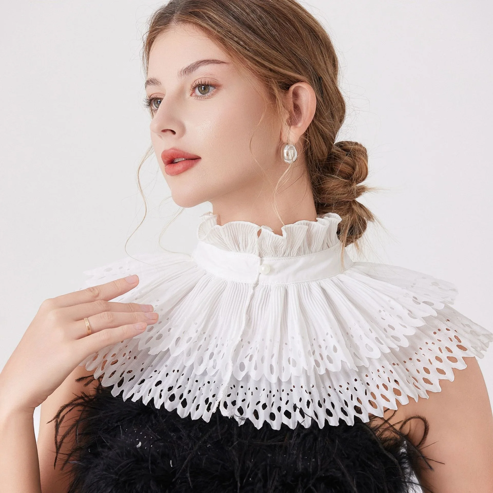 French Style Pleated Double Layer Hollow Out Lace Cape Shawl High Collar Fake Collar Accessory
