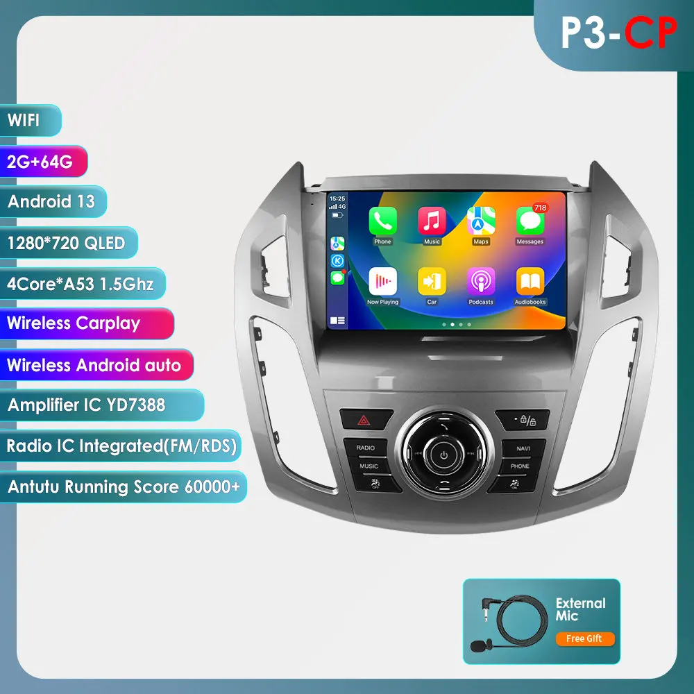 Hizpo Android Auto Autoradio voor Ford Transit Connect 2013-2018 voor Ford Tourneo Connect Multimedia Draadloze Apple CarPlay Slimme Intelligente Systemen IPS Touchscreen Stereo Videospeler 2 Din