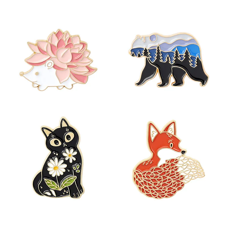 Cartoon Animal Series Brooch Enamel Cute Red Fox Black Cat Hedgehog Badge Metal Backpack Clothing Lapel Pins Gift Wholesale