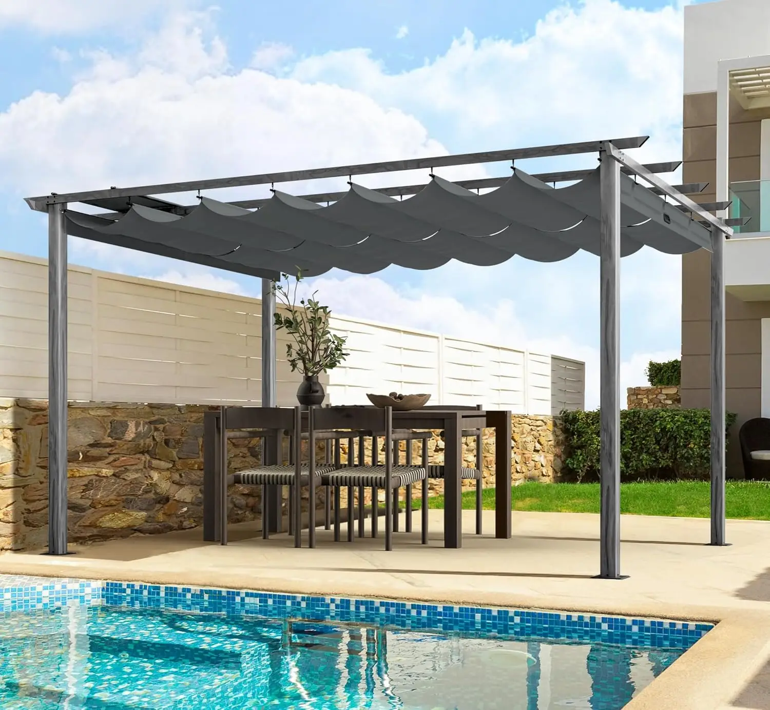 

10' X 13' Wood-Grain Retractable Pergola with Sun Shade Canopy, Patio Aluminum Frame Shelter for Backyards, Gardens, Porch, Incl