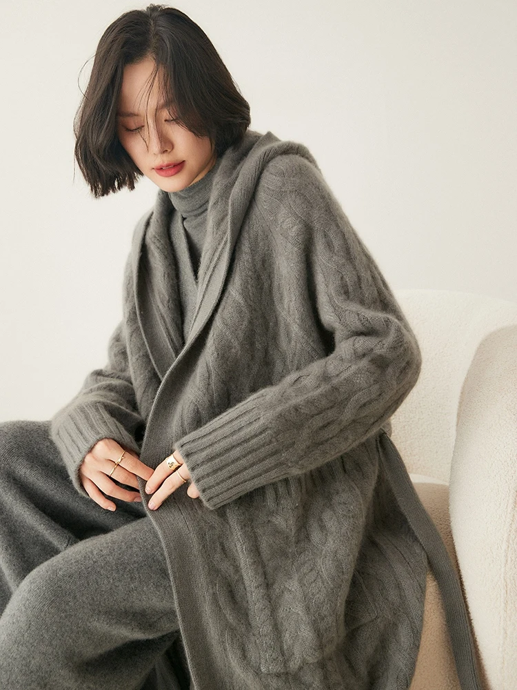 High-end Women Hooded Long Cardigan 100% Cashmere Sweater Coat Autumn Winter Thick Warm Cashmere Knitwear Casual Loose Overcoat